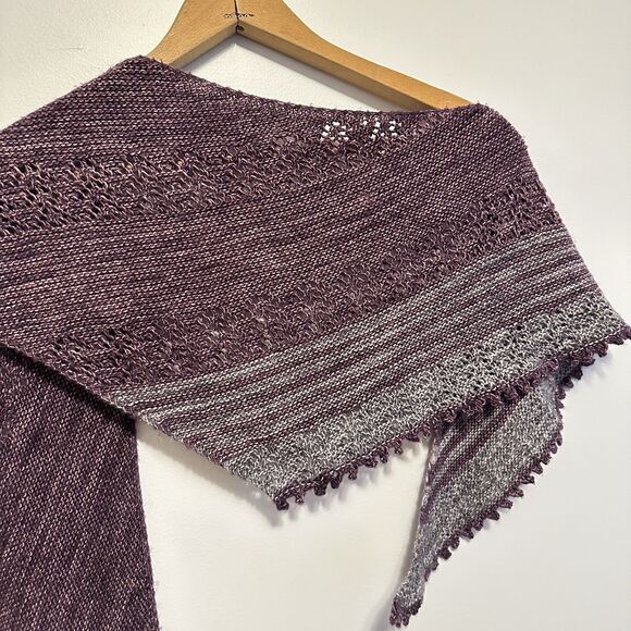 Hand Knit Wool Shawl Triangle Shawlette Purple Gray Hand Dyed Handmade Lace - Picture 5 of 8